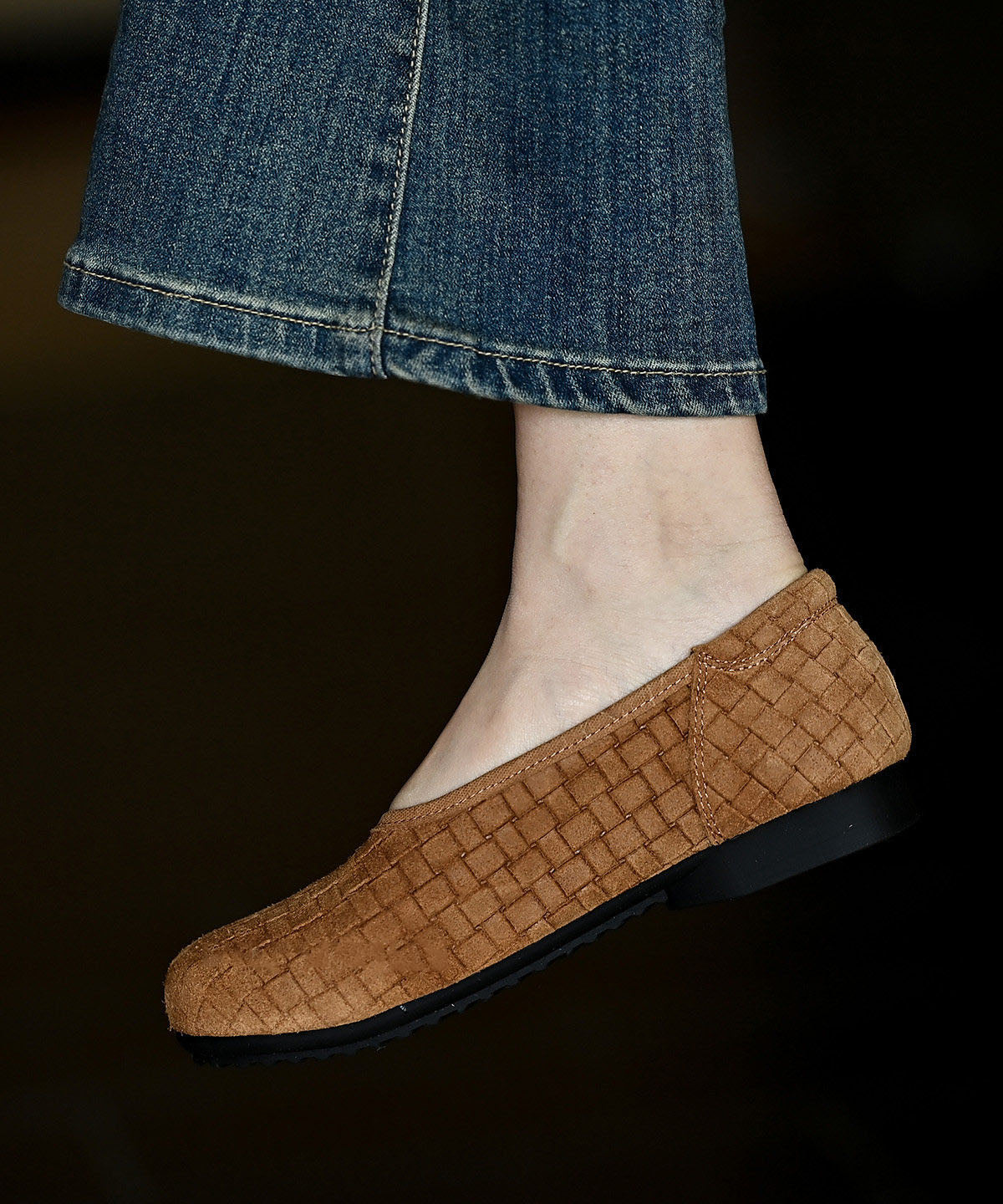 Cowhide Leather Flat Feet Shoes Brown Weave Flat Feet Shoes