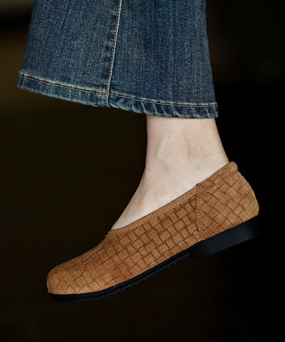 Cowhide Leather Flat Feet Shoes Brown Weave Flat Feet Shoes