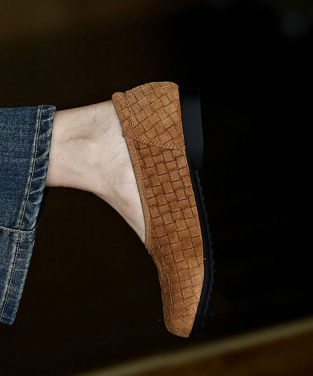 Cowhide Leather Flat Feet Shoes Brown Weave Flat Feet Shoes