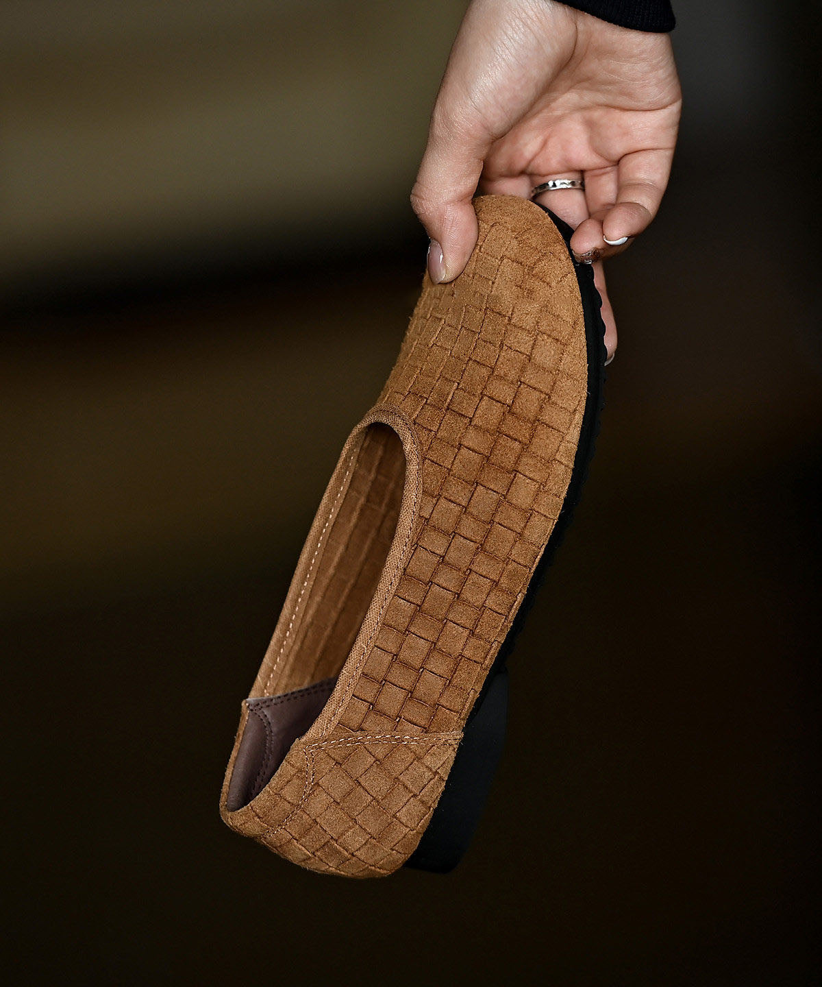 Cowhide Leather Flat Feet Shoes Brown Weave Flat Feet Shoes
