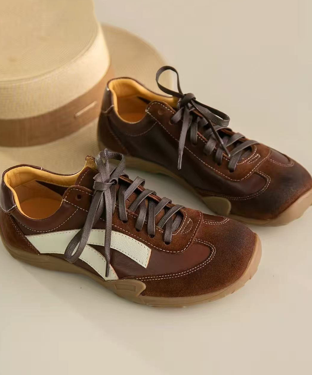 Cowhide Leather Flat Feet Shoes Lace Up Splicing Flats