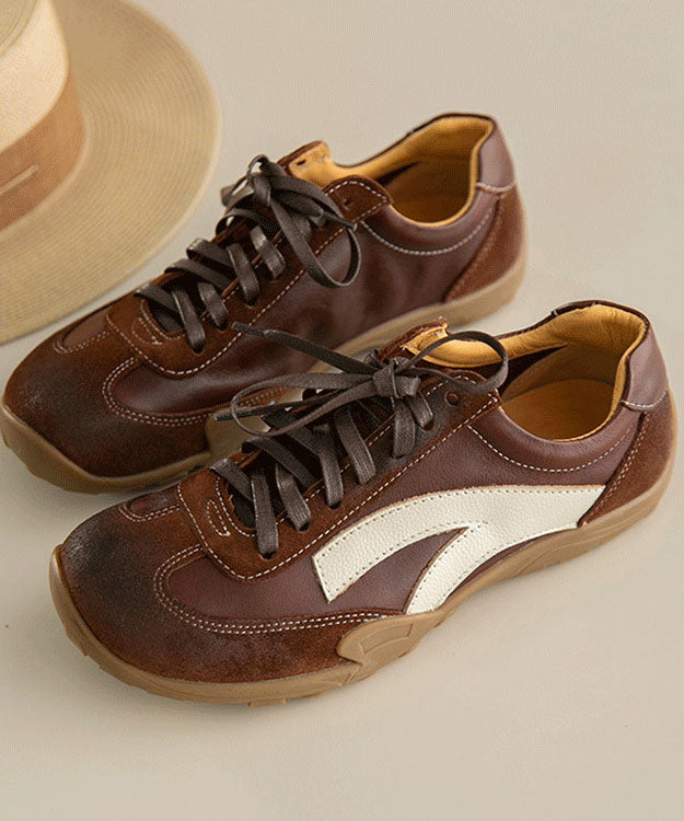 Cowhide Leather Flat Feet Shoes Lace Up Splicing Flats