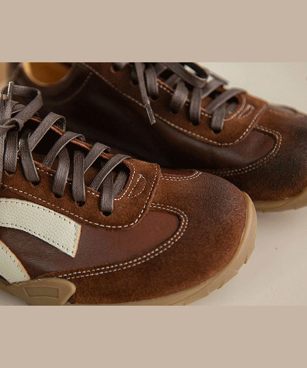 Cowhide Leather Flat Feet Shoes Lace Up Splicing Flats
