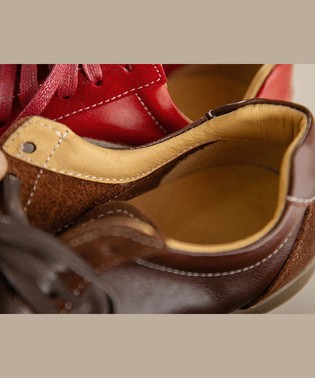 Cowhide Leather Flat Feet Shoes Lace Up Splicing Flats