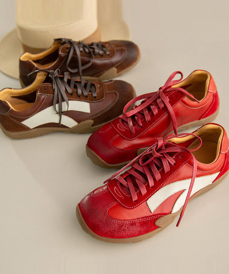 Cowhide Leather Flat Feet Shoes Lace Up Splicing Flats