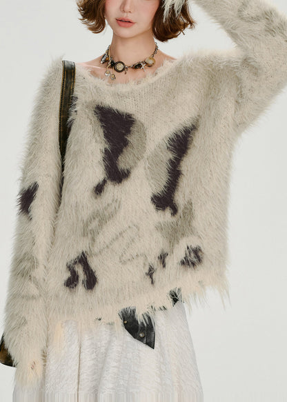 Cozy Beige Oversized Warm Fuzzy Fur Fluffy Knit Tops Winter