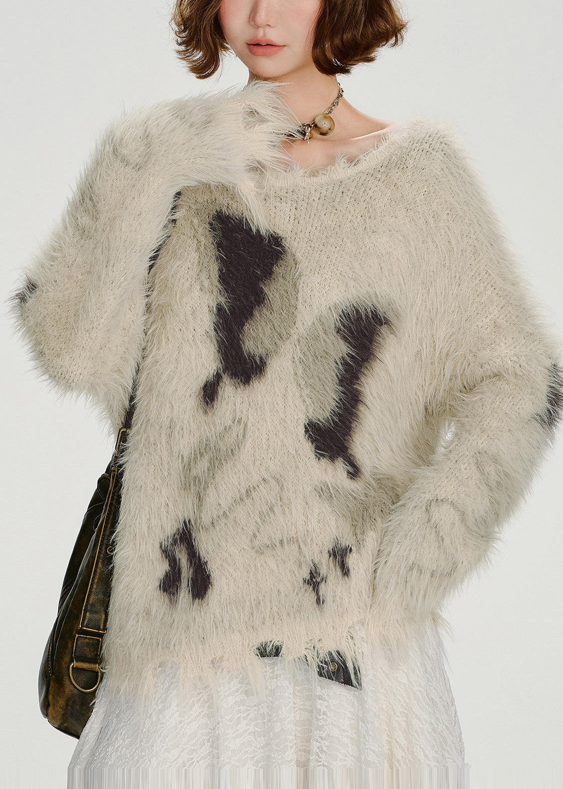 Cozy Beige Oversized Warm Fuzzy Fur Fluffy Knit Tops Winter