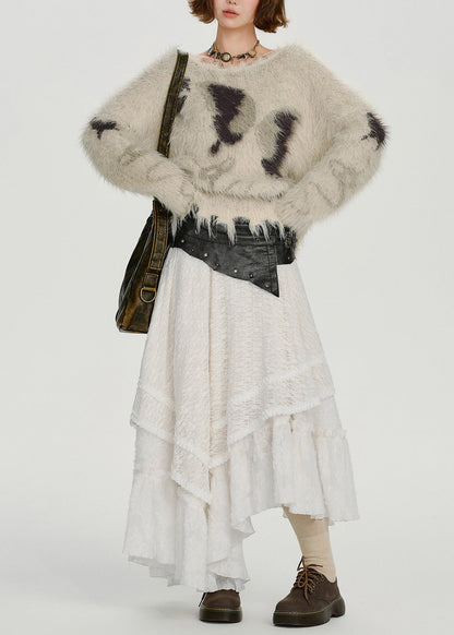 Cozy Beige Oversized Warm Fuzzy Fur Fluffy Knit Tops Winter