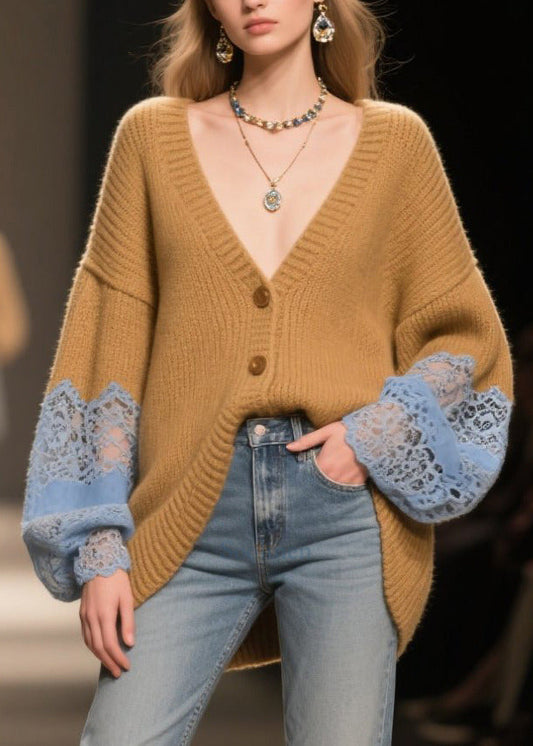 Cozy Coffee Oversized Patchwork Lace Cardigan Fall