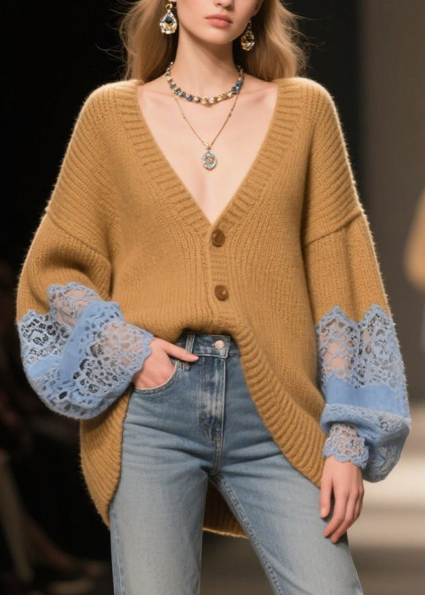 Cozy Coffee Oversized Patchwork Lace Cardigan Fall
