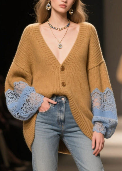 Cozy Coffee Oversized Patchwork Lace Cardigan Fall