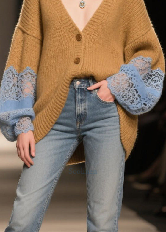 Cozy Coffee Oversized Patchwork Lace Cardigan Fall