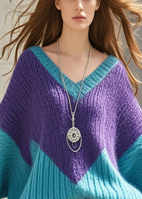 Cozy Colorblock Oversized Patchwork Sweater Tops Fall