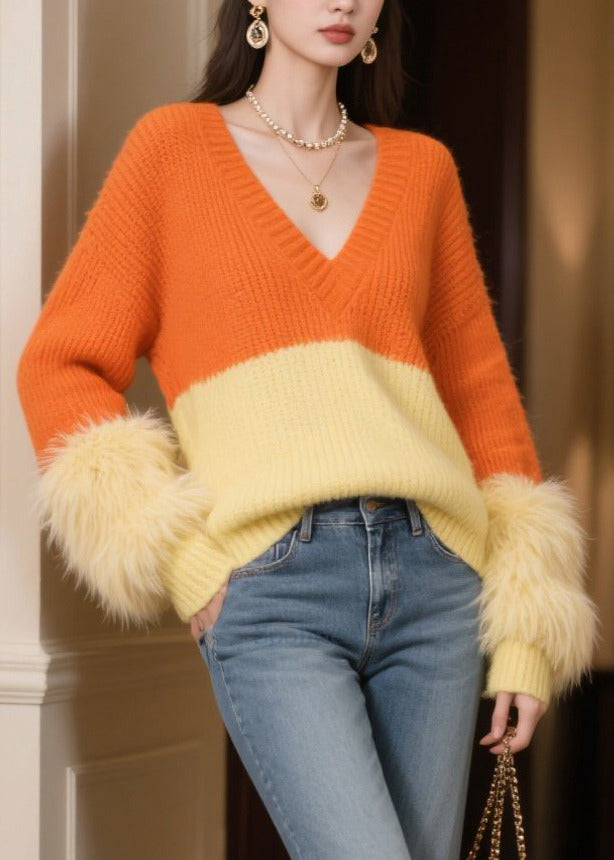 Cozy Colorblock Patchwork Faux Fur Short Sweater V Neck Winter