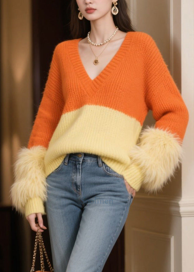 Cozy Colorblock Patchwork Faux Fur Short Sweater V Neck Winter