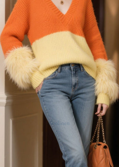 Cozy Colorblock Patchwork Faux Fur Short Sweater V Neck Winter