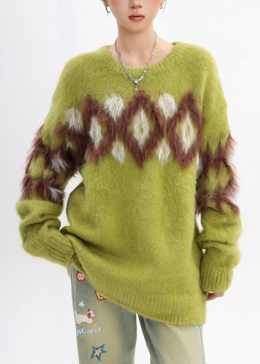 Cozy Grass Green Oversized Plaid Warm Knitted Tops Winter