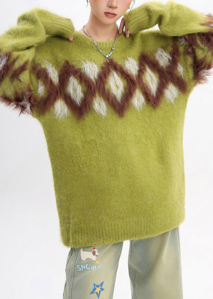 Cozy Grass Green Oversized Plaid Warm Knitted Tops Winter