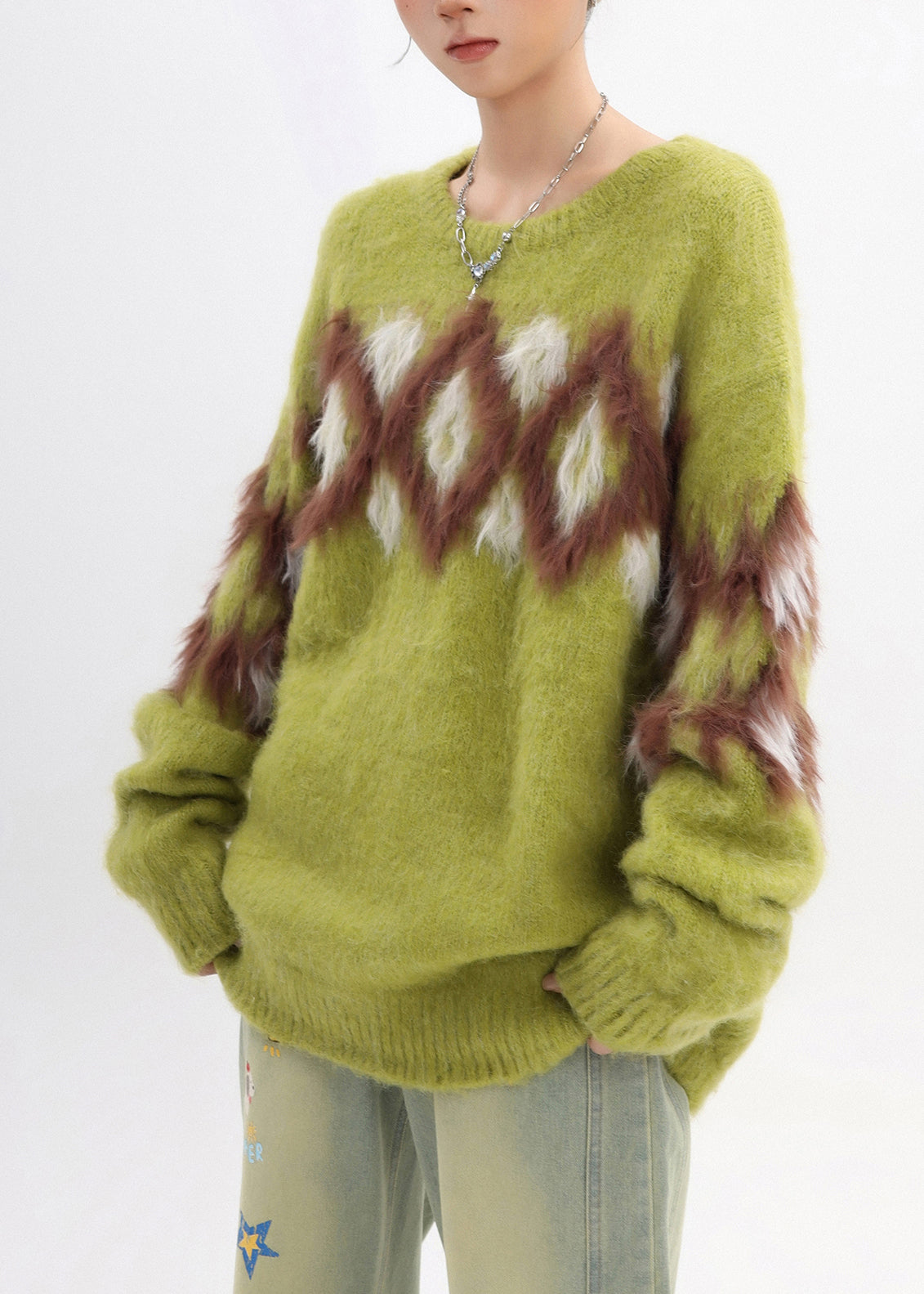 Cozy Grass Green Oversized Plaid Warm Knitted Tops Winter
