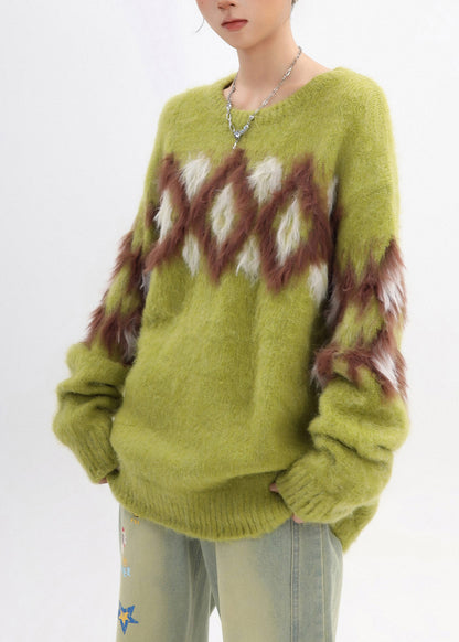 Cozy Grass Green Oversized Plaid Warm Knitted Tops Winter