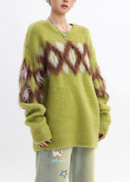 Cozy Grass Green Oversized Plaid Warm Knitted Tops Winter