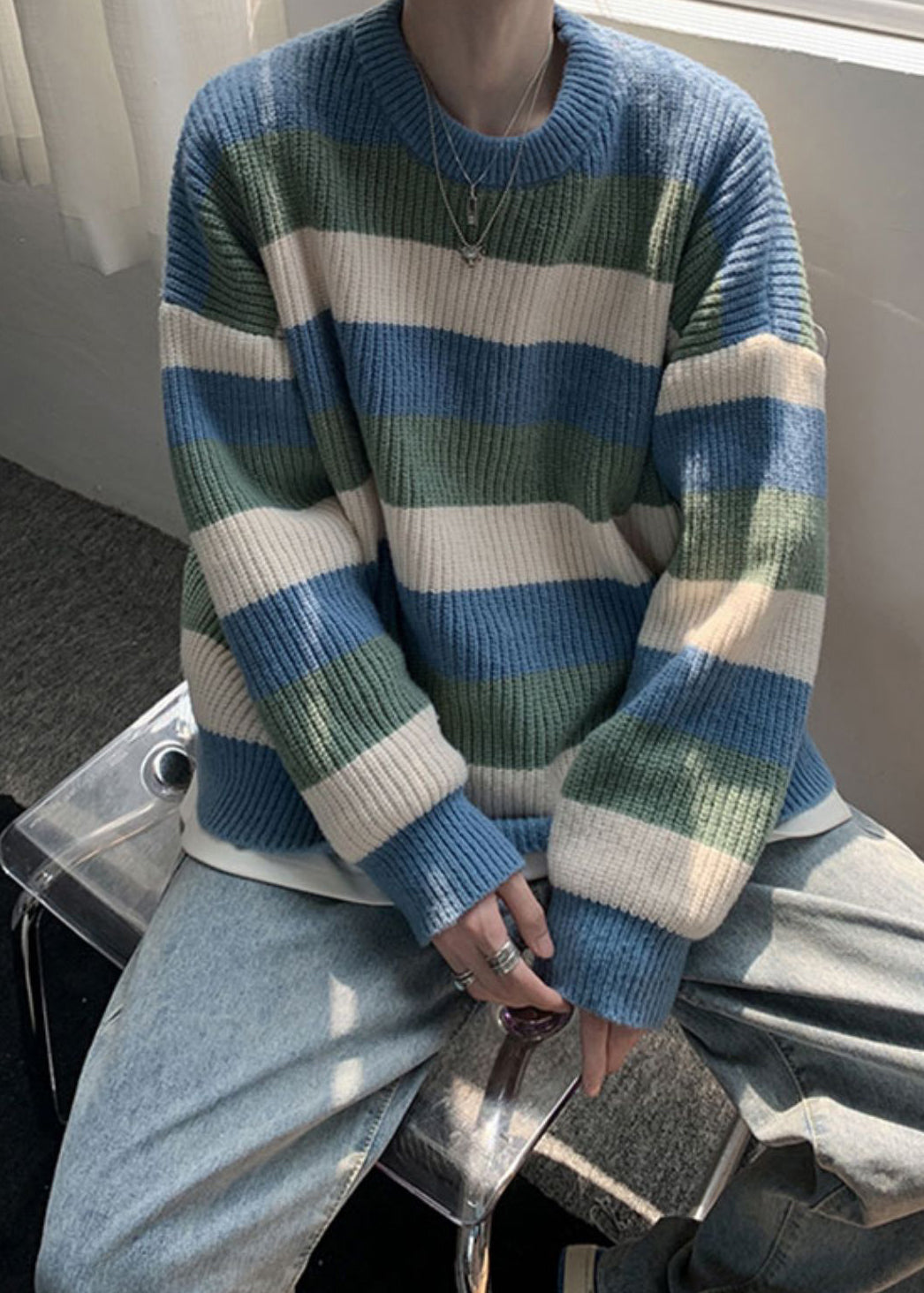 Cozy Green O Neck Striped Knit Sweater Men Fall