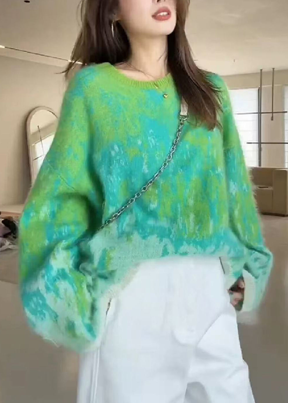 Cozy Green Oversized Tie Dye Knit Sweater Winter