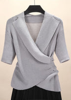 Cozy Grey Asymmetrical Solid Knit Top Short Sleeve