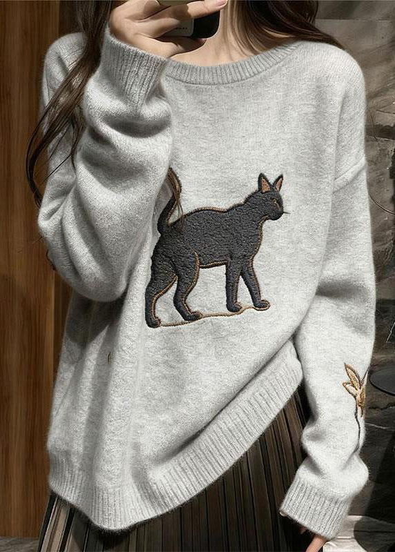 Cozy Grey Embroidered Cat Knit Pullover Winter