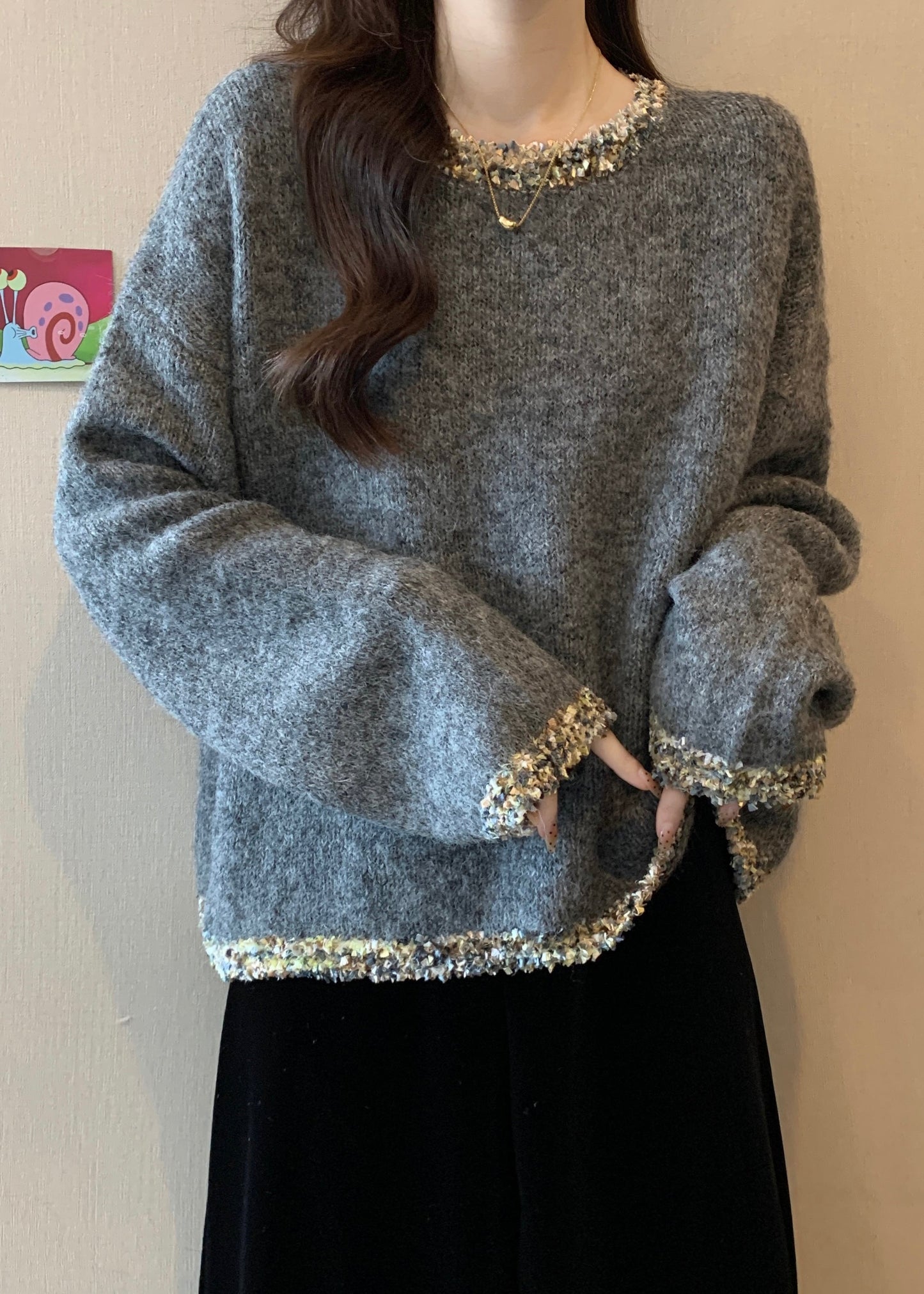 Cozy Grey Sequins Chunky Oversized Knit Sweater Tops Winter