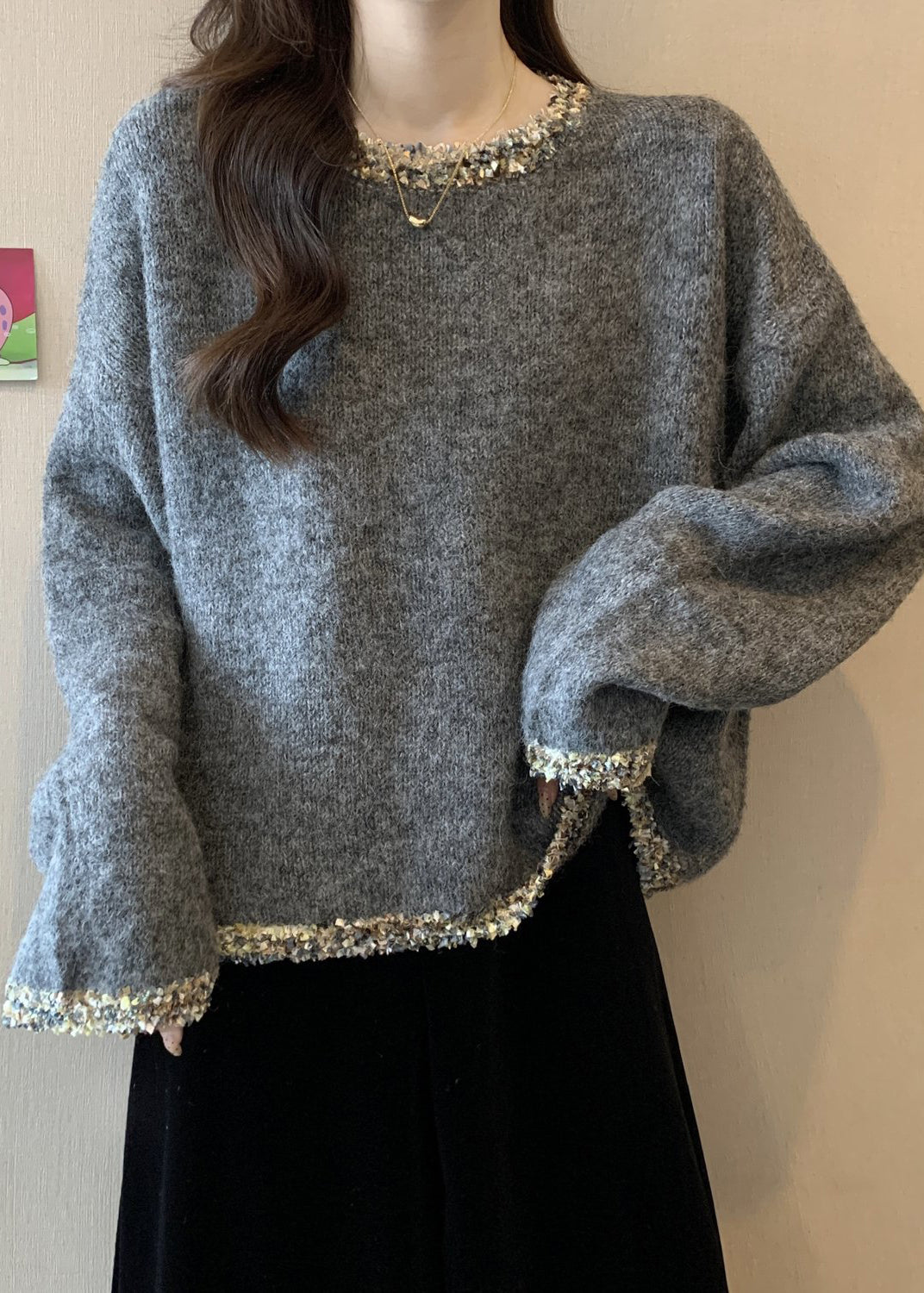 Cozy Grey Sequins Chunky Oversized Knit Sweater Tops Winter