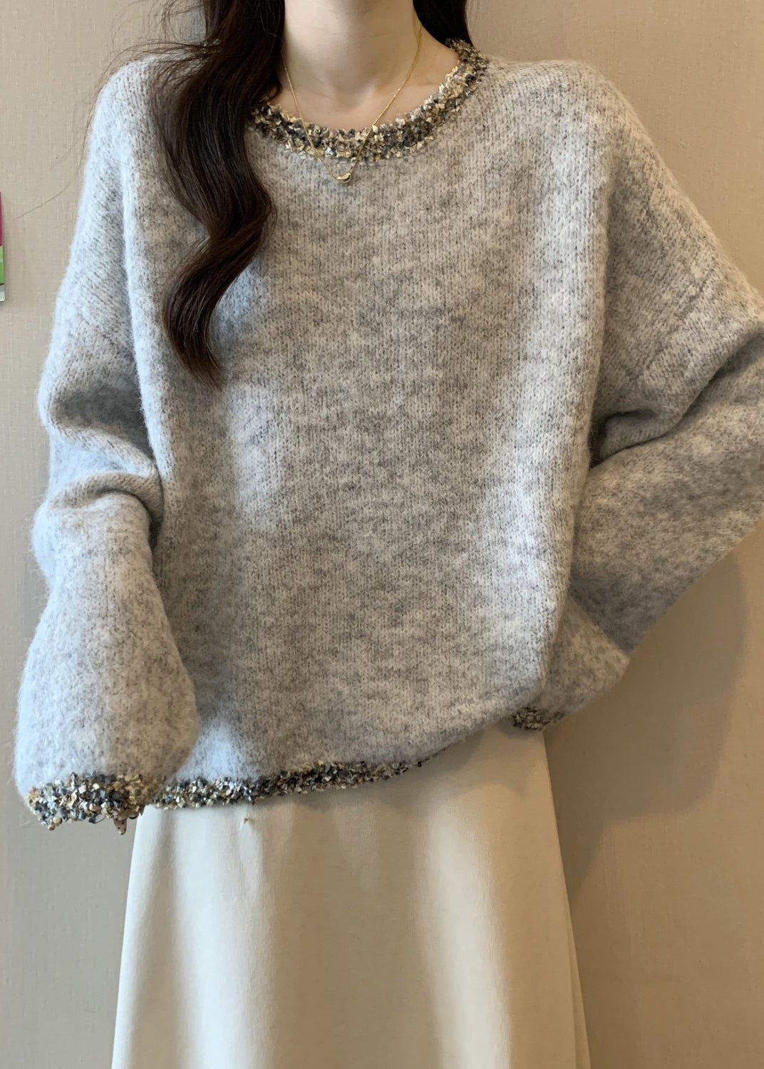 Cozy Grey Sequins Chunky Oversized Knit Sweater Tops Winter