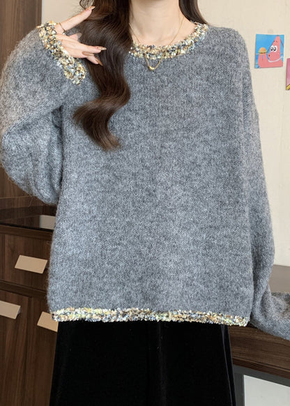 Cozy Grey Sequins Chunky Oversized Knit Sweater Tops Winter