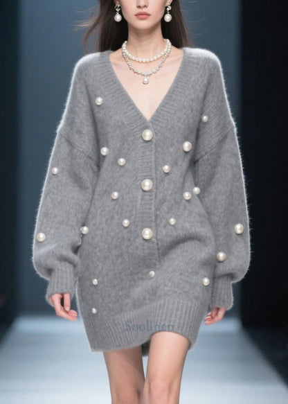 Cozy Grey V Neck Fine Pearls Thick Knit Dress Winter