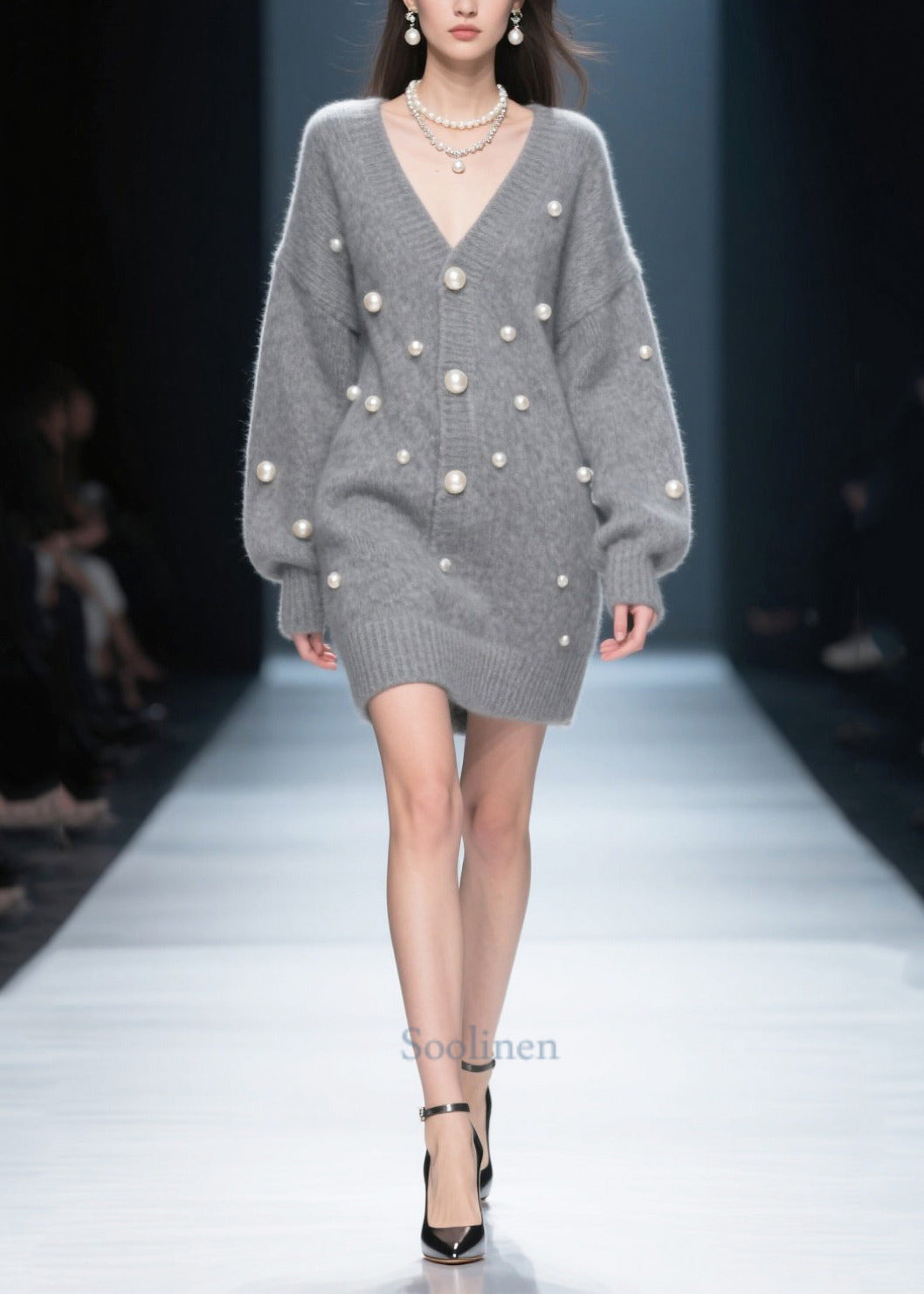 Cozy Grey V Neck Fine Pearls Thick Knit Dress Winter