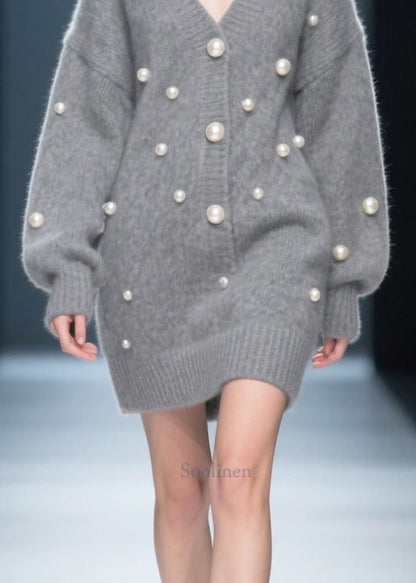 Cozy Grey V Neck Fine Pearls Thick Knit Dress Winter