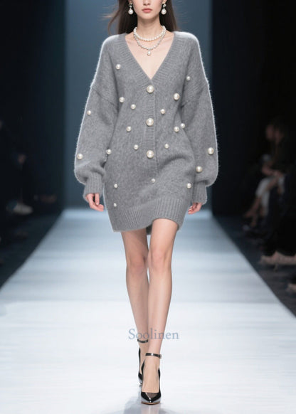 Cozy Grey V Neck Fine Pearls Thick Knit Dress Winter