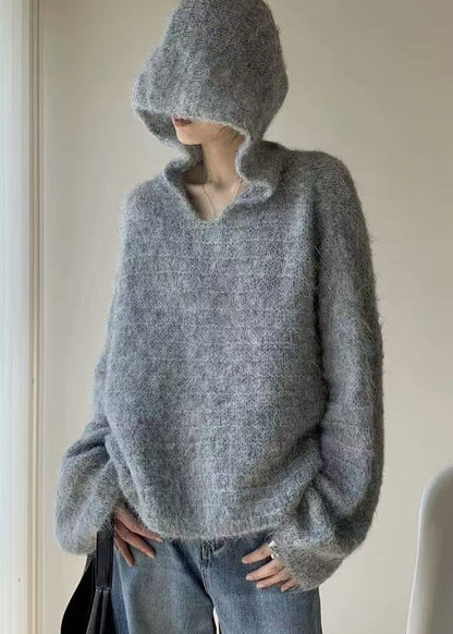 Cozy Grey V Neck Hooded Knit Shirts Winter
