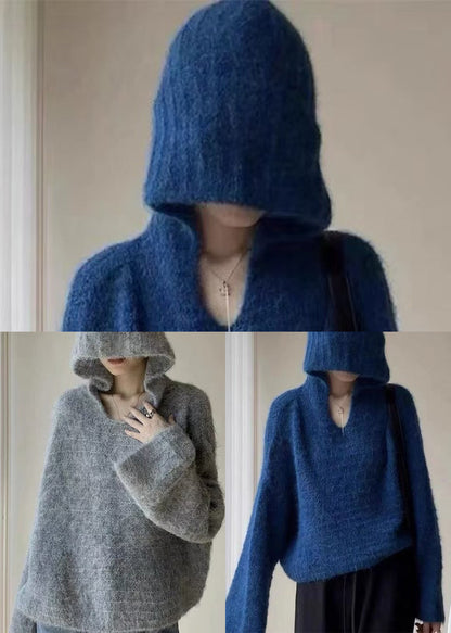 Cozy Grey V Neck Hooded Knit Shirts Winter