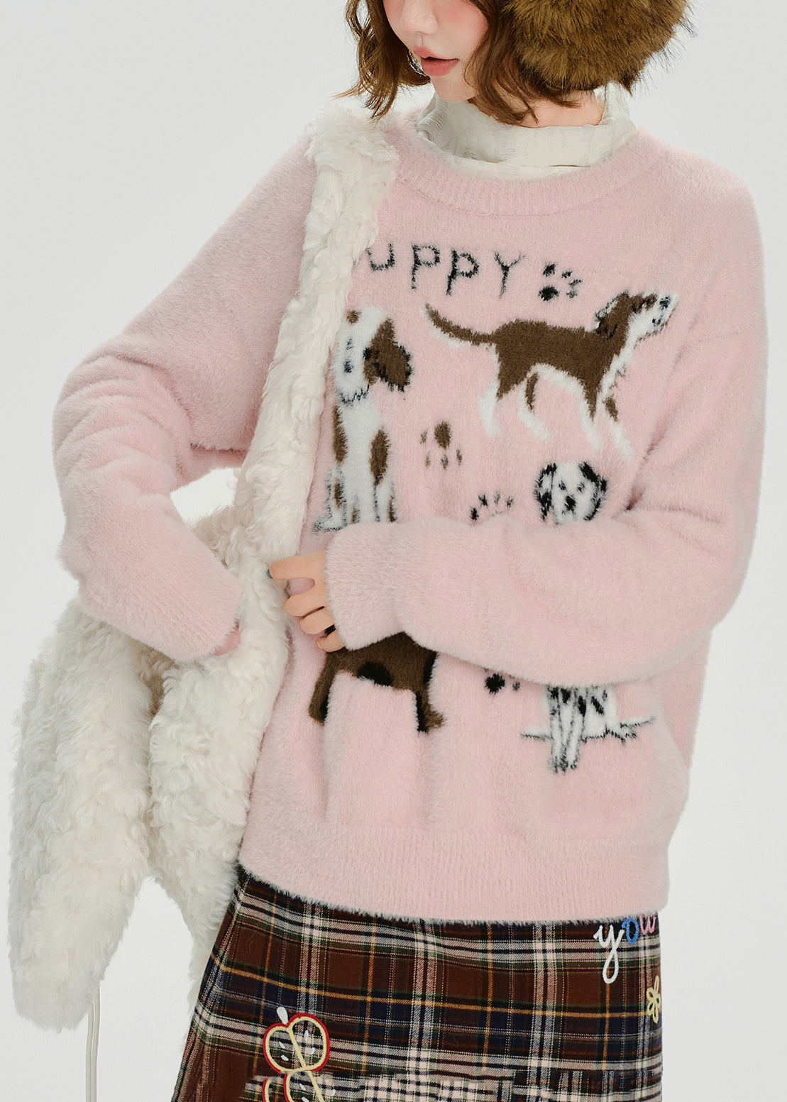 Cozy Pink Cute Puppy Jacquard Knitted Tops Winter