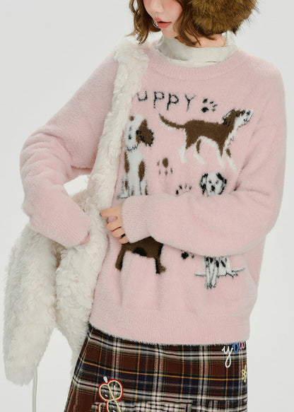 Cozy Pink Cute Puppy Jacquard Knitted Tops Winter