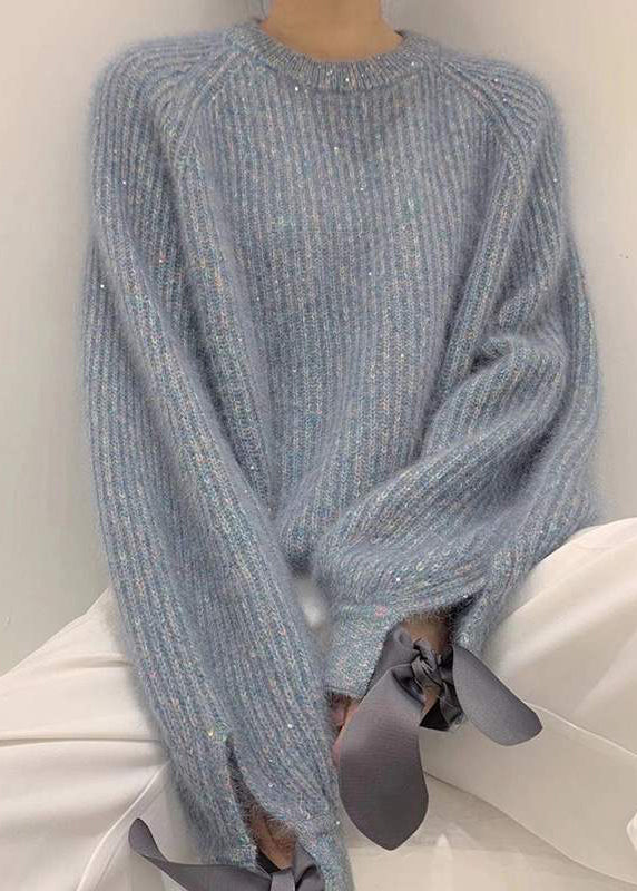 Cozy Sky Blue Sequins Oversized Knit Pullover Winter