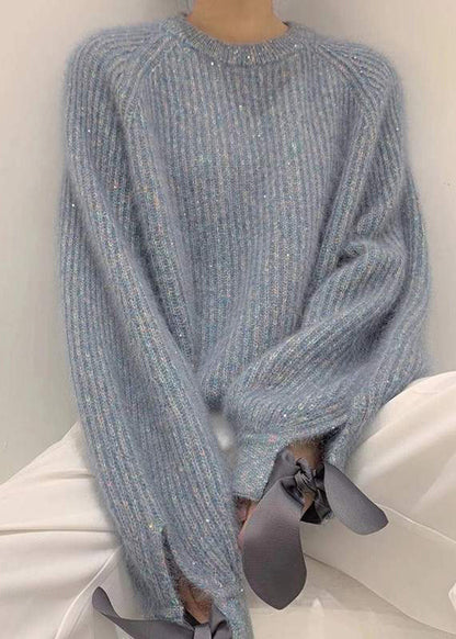 Cozy Sky Blue Sequins Oversized Knit Pullover Winter