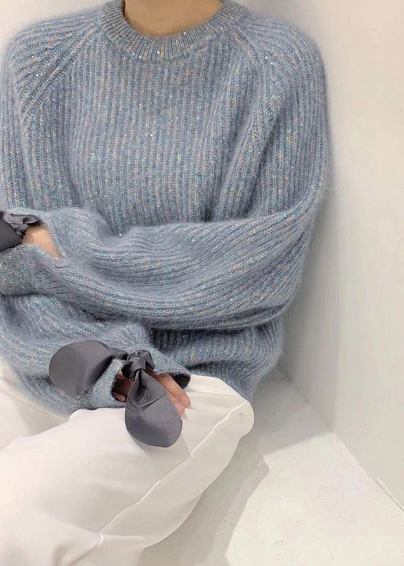 Cozy Sky Blue Sequins Oversized Knit Pullover Winter