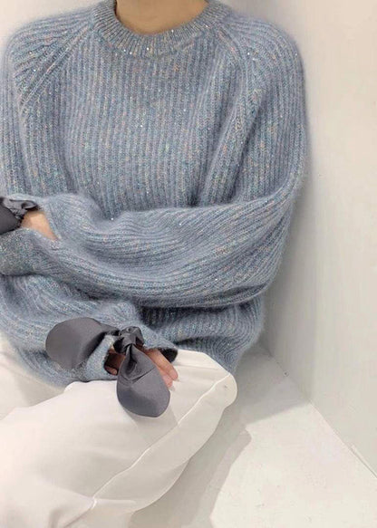Cozy Sky Blue Sequins Oversized Knit Pullover Winter