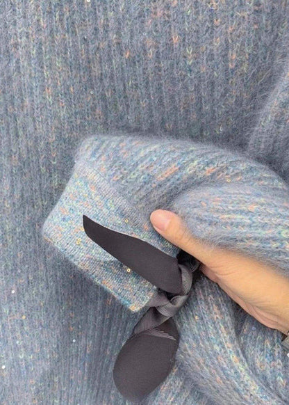 Cozy Sky Blue Sequins Oversized Knit Pullover Winter