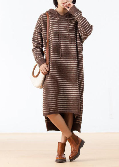 Cozy Sweater weather Largo Chocolate High Low Hem Knit Stripe Loose Dress