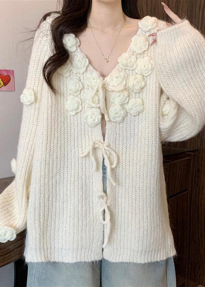 Cozy White Floral Decorated Lace Up Knit Cardigan Fall