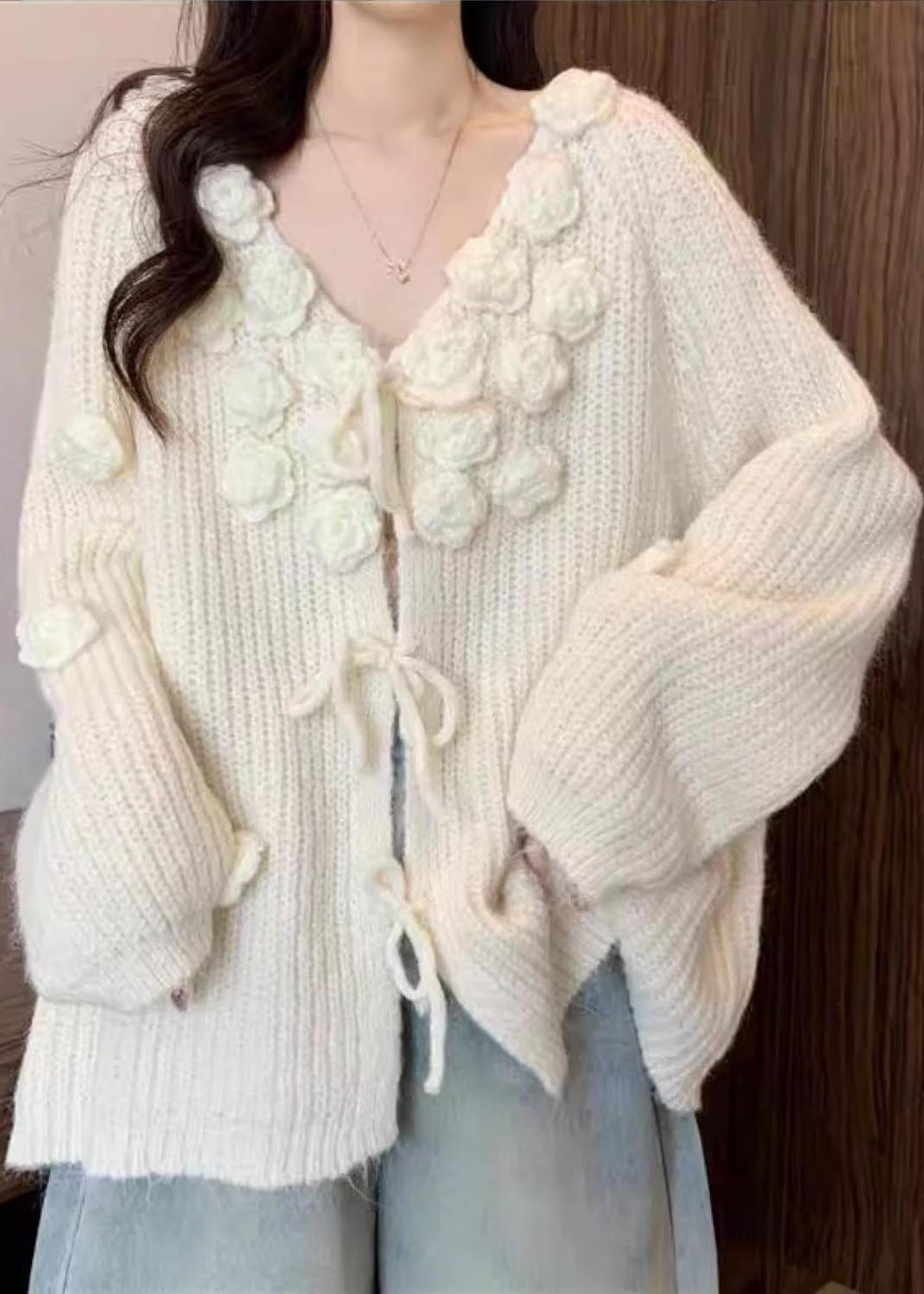 Cozy White Floral Decorated Lace Up Knit Cardigan Fall
