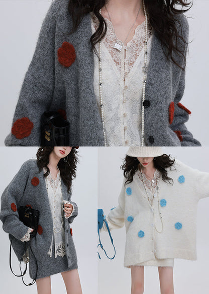 Cozy White Oversized Knit Cardigan Flower Decorated Winter